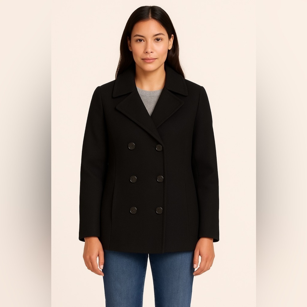 Fleet Street Women’s Black Wool Pea Coat Size M – Classic Double-Breasted Jacket